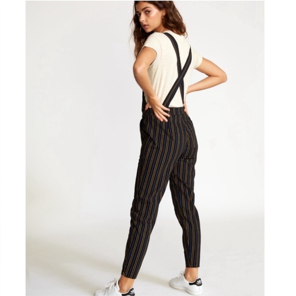 NWT RVCA Overland Striped Black Overalls w Stretch MSRP $85 Front Zip Tapered - Picture 2 of 15